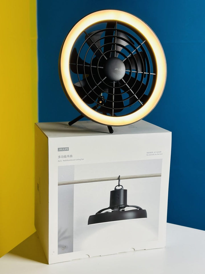 JISULIFE FA17 Rechargeable Fan with LED Light and Table Tripod- White Color